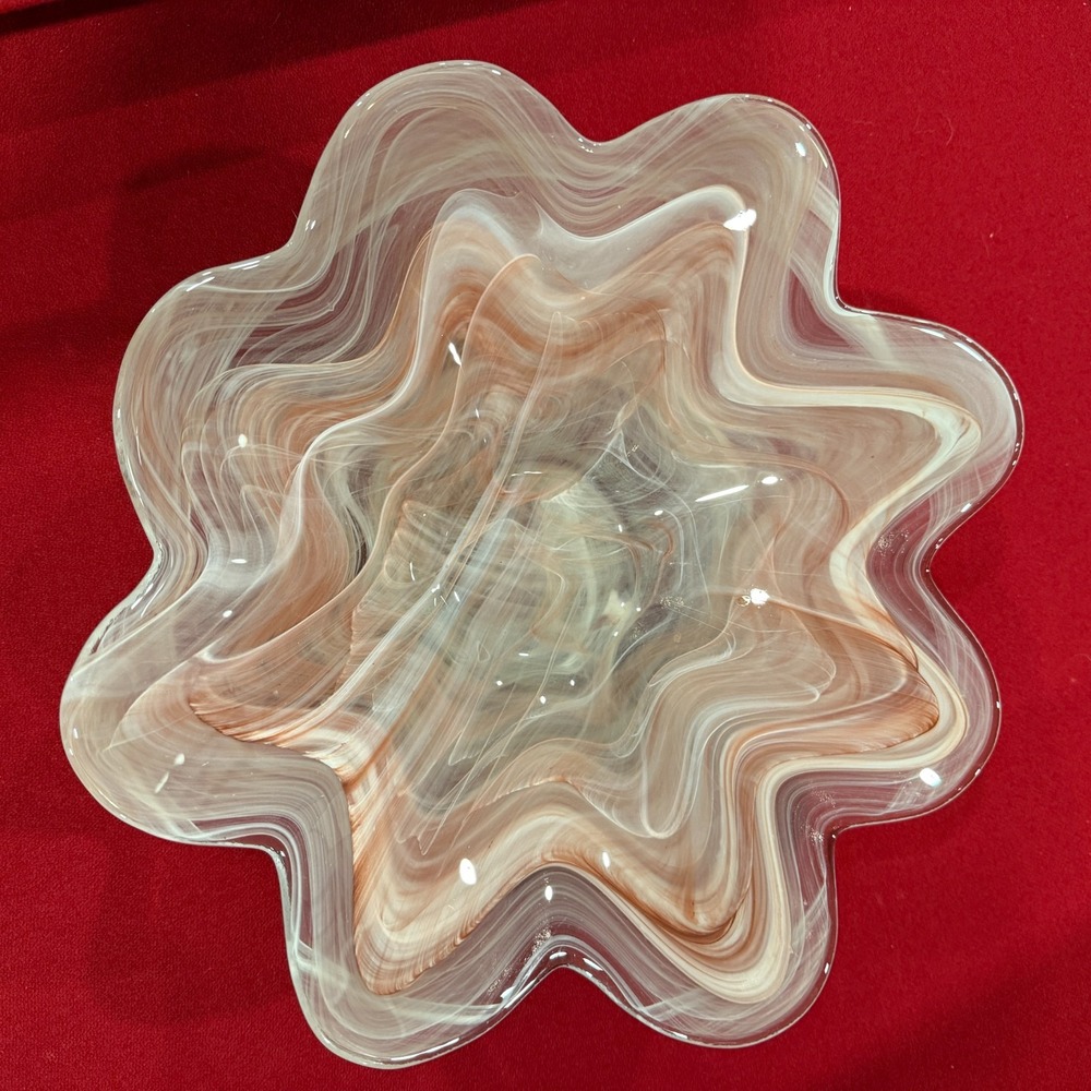 Art Glass Bowl Light Red and White Blended Swirl Scalloped